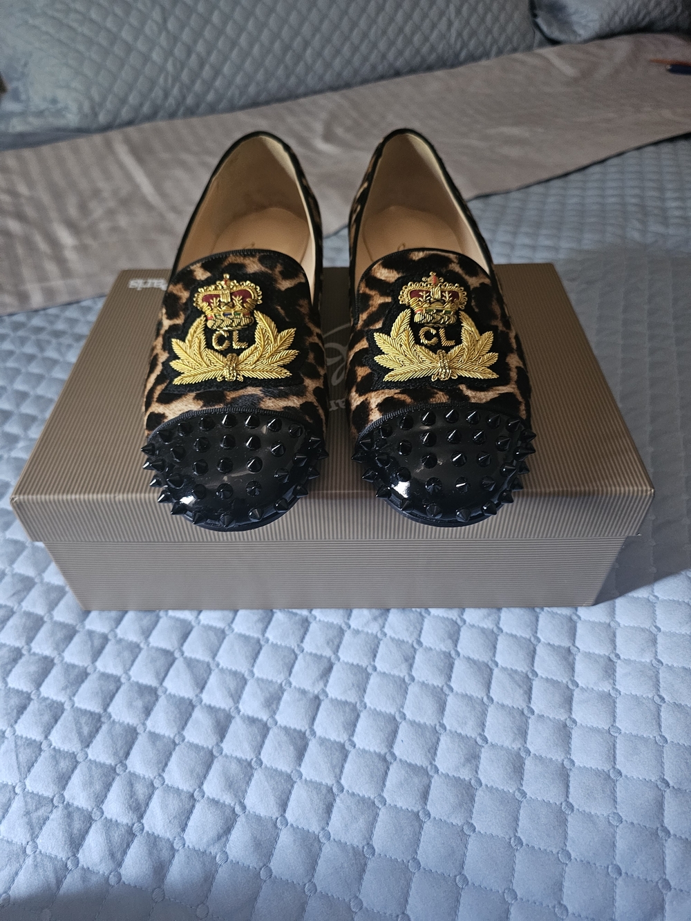 Rare Authentic Louboutin Embroidered Leopard Print Studded Loafers  Black  Brown